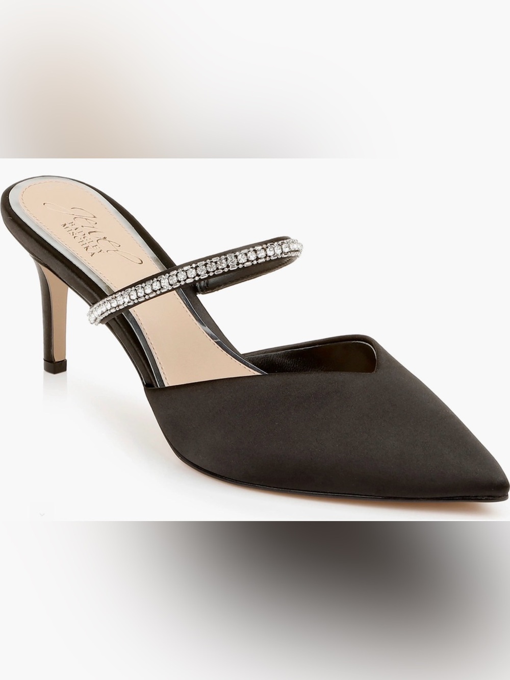 Jewel Badgley Mischka Jan Black Satin Rhinestone Mule Pumps Heels Size 7.5 (NIB) - Picture 2 of 15